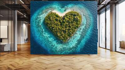 Aerial view of a heart-shaped island surrounded by vibrant coral reefs in the Maldives. Wall mural