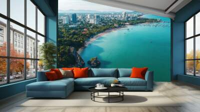 Aerial view of Pattaya shoreline, where tranquil blue waters meet the vibrant cityscape, blending natural beauty with urban life. Wall mural