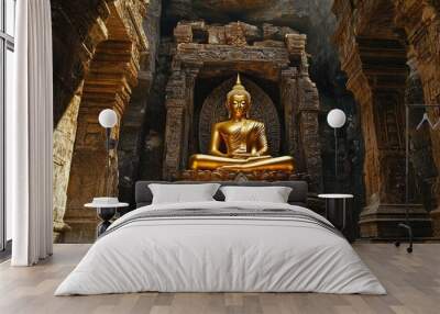 An ancient temple with a golden Buddha statue, highlighting the intricate carvings and spiritual ambiance. Wall mural