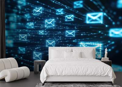 Automated email flows with spam filter icons, illustrating a streamlined digital marketing strategy for email campaigns Wall mural