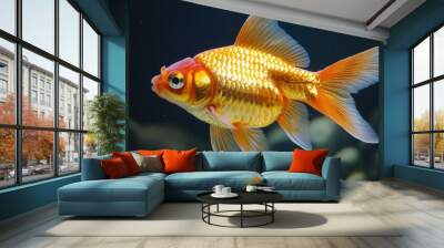 Close-up of a goldfish swimming in an aquarium, with its scales reflecting the light. Wall mural