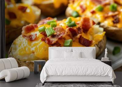 Close-up of baked potatoes topped with crispy bacon, melted cheddar cheese, and green onions on a white plate. Wall mural