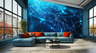 Digital blue web of connections in an abstract design, showcasing a futuristic cyber network system in a 3D-rendered background. Wall mural