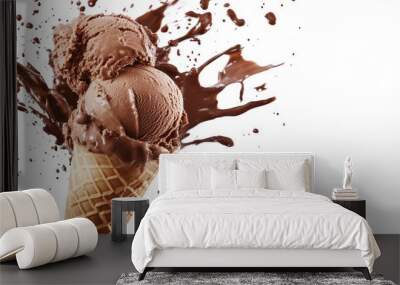 Dramatic explosion of chocolate ice cream from a cone, rich scoops scattering in the air, set against a clean white background Wall mural