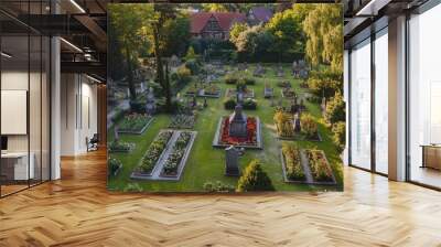 Drone view of St. Johannis Cemetery in Nuremberg, with historical gravestones and a peaceful rose garden setting. Wall mural