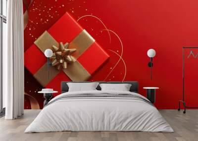 Elegant red gift box with gold circle designs and ribbon, set within a minimalist festive background. Ideal for Christmas postcards. Wall mural