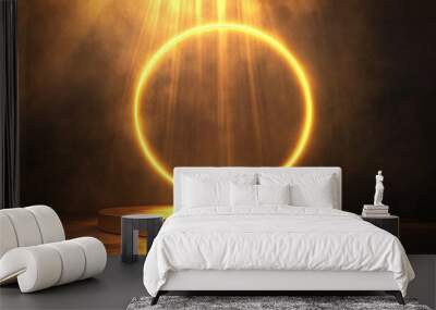 Empty golden podium with neon round frame and rays of light, set against a dark abstract background. b Wall mural