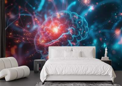 Futuristic representation of a child neural activity, featuring dynamic glowing brainwaves and intricate neural circuits Wall mural