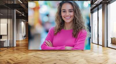 Happy, fashionable woman in pink, standing with crossed arms in a bright, blurred background, exuding confidence and style Wall mural