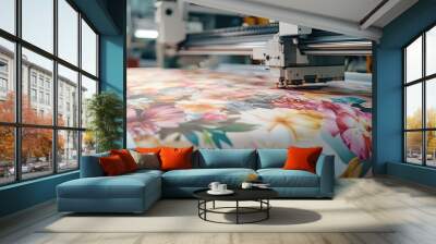 Heat transfer printer in action, applying colorful floral designs to large fabric sheets in an industrial environment Wall mural