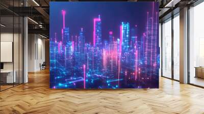 High-tech smart city with glowing connectivity lines, representing a futuristic digital network connecting urban infrastructure Wall mural