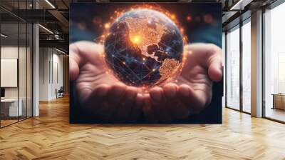 Human hands carefully cradling a glowing digital globe, symbolizing global network connections and the power of worldwide communication. Wall mural