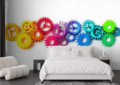 Mechanical system featuring interconnected gears in vibrant rainbow colors, isolated on a white background Wall mural