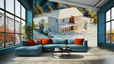 Modern home concept set on top of a blueprint, representing the journey from vision to reality. Wall mural