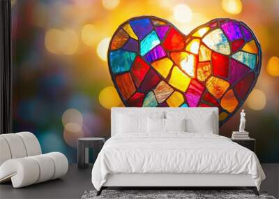 Mosaic-style heart with vibrant stained glass, set against a dreamy bokeh background, capturing love and beauty. Wall mural