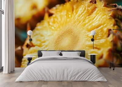 Single slice of ripe pineapple, perfectly cut, displaying its texture and vibrant color. Wall mural