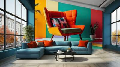 Stylish armchair with bold colors, set against a vibrant geometric room, blending modern design with playful elements. Wall mural