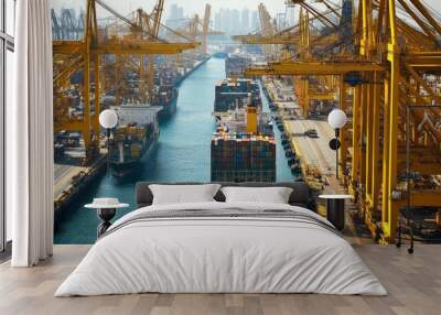 The bustling scene at a UAE port, with container ships, cranes, and the busy harbor in operation. Wall mural