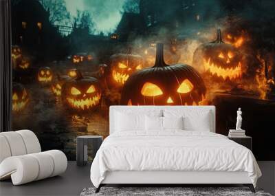 The chilling gaze of Jack O' Lanterns illuminated in the night, surrounded by ghostly apparitions and spooky shadows. Wall mural