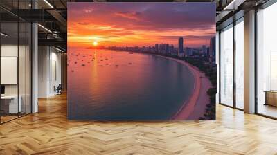 The contrast between Pattaya calm beach at dawn and the city bustling skyline, captured from an aerial perspective. Wall mural