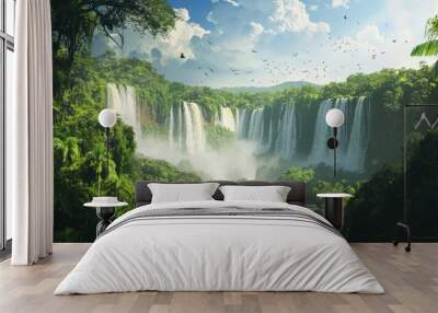 The Iguazu Falls surrounded by the vibrant greenery of the rainforest, with birds flying overhead. Wall mural