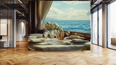 The luxurious interior of a yacht with a beautifully decorated table, set against a backdrop of ocean views. The scene is framed to leave space for text. Wall mural