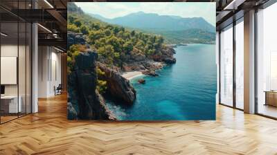 The scenic beauty of the Fethiye coastline, with its rocky cliffs, sandy beaches, and clear waters. Wall mural