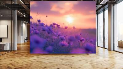 The soft beauty of purple flowers at sunset, with their petals catching the last rays of light in a peaceful field. Wall mural