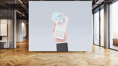 3d email envelope icon with notification new message in hand holding smartphone. 3d Mail service concept icon. isolated blue pastel background. minimal cartoon design.3D Rendering. Banner, copy space. Wall mural