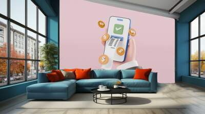 3d minimal pay money with mobile phone banking online payments icon concept. Easy e bill payment transaction on smartphone. Mobile with financial paper bill payment. graphic element icon. 3d rendering Wall mural