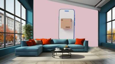 3D Online tracking delivery via mobile phone. Delivered order in cardboard box, Smartphone with parcel box or delivery box, logistic and factory concept, Cartoon creative icon isolated. 3D Rendering Wall mural