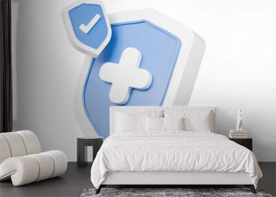 3d Shield with a cross icon symbol on isolated purple background. Protection of health from diseases. Healthcare security insurance medical concept. 3d Minimal insurance blue shield icon. 3d render. Wall mural