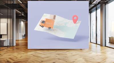 Truck express delivery shipping navigation pin pointer map location GPS online delivery parcels box or cardboard box concept. minimal cartoon style creative. 3d rendering. Wall mural