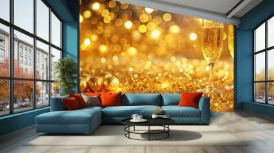 A festive backdrop of golden bokeh lights with two champagne flutes and glittering ornaments on a sparkling surface. Wall mural