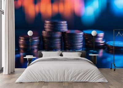 Golden euro coins stacked on a black background, forming a graph of financial growth Wall mural