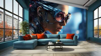 A beautiful female cyborg in a futuristic city.
 Wall mural