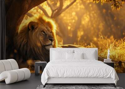 A majestic lion resting under a shady tree. 
 Wall mural