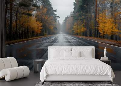 A straight asphalt road in the middle of forest in the rainy weather.
 Wall mural