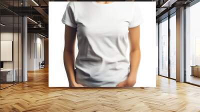 A woman wearing a blank white t-shirt on a white background.
 Wall mural