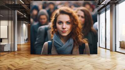 A young beautiful woman looking at camera in middle of a big crowd of people in the city.
 Wall mural