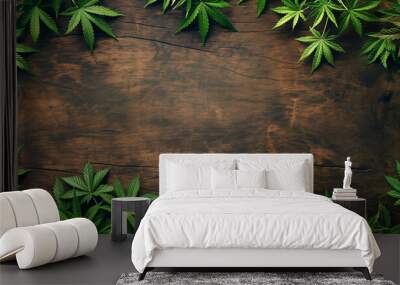 Cannabis leaves on wooden background with copy space for text place. 
 Wall mural