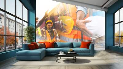 Double exposure of team railway engineer is on duty in work site with abstract bokeh backgrounds, use for banner cover.	 Wall mural