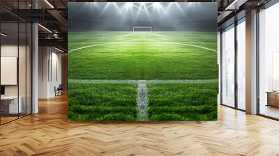 Football stadium arena under spotlight, green grass field ready for soccer championship match.  
 Wall mural