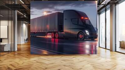 Futuristic cargo truck on highway at night. Shipment and logistick concept.
 Wall mural