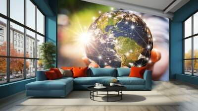 Hand holding flying earth network global connection concept, Energy and ecology concept, Elements of this image furnished by NASA Wall mural