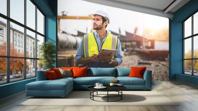 Railway engineer caucasian man are on duty and discussed by using tablet in the job site of train garage. Wall mural