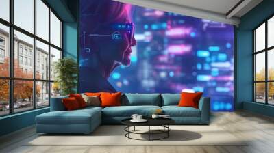 Senior using artificial intelligence on virtual screen, future social media concept. 
 Wall mural