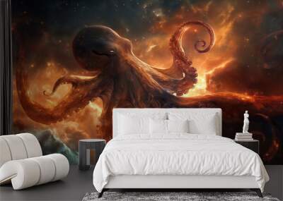 Tentacles of a cosmic octopus swirl through the starry expanse of a space nebula, digital painting illustration.
 Wall mural