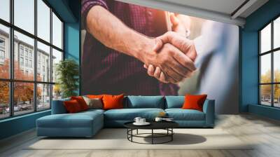 Two businessman shaking hands with business deals and congratulations on success. Wall mural