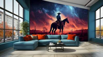 A cowboy sitting on a horseback in the wild west praire with galaxy above his head, generative ai Wall mural